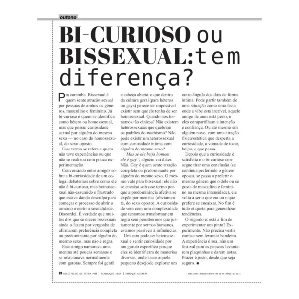 Prévia da seção "Bi-curioso ou bissexual" no "Almanaque DDPP: Discípulos de Peter Pan".